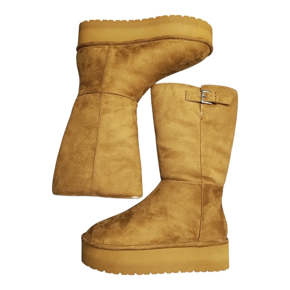 Madden Girl Eclipse Platform Boots Womens 7.5 Brown Sheepskin Lined Buckle Strap